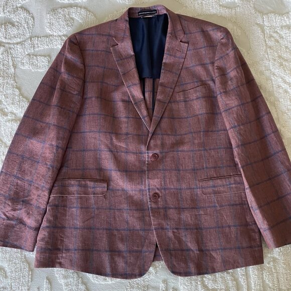 Tommy Hilfiger Men's 46R Burgundy Plaid 100% Linen 2 Button Sport Coat Blazer - Picture 1 of 12